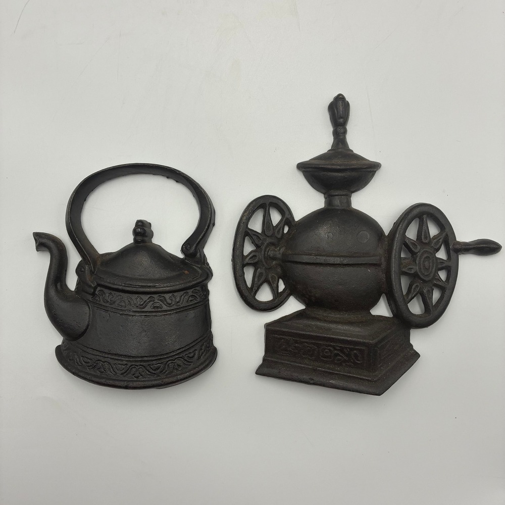 Vintage Cast Iron Wall Hanging Decor Set Tea Kettle and Coffee Grinder Black